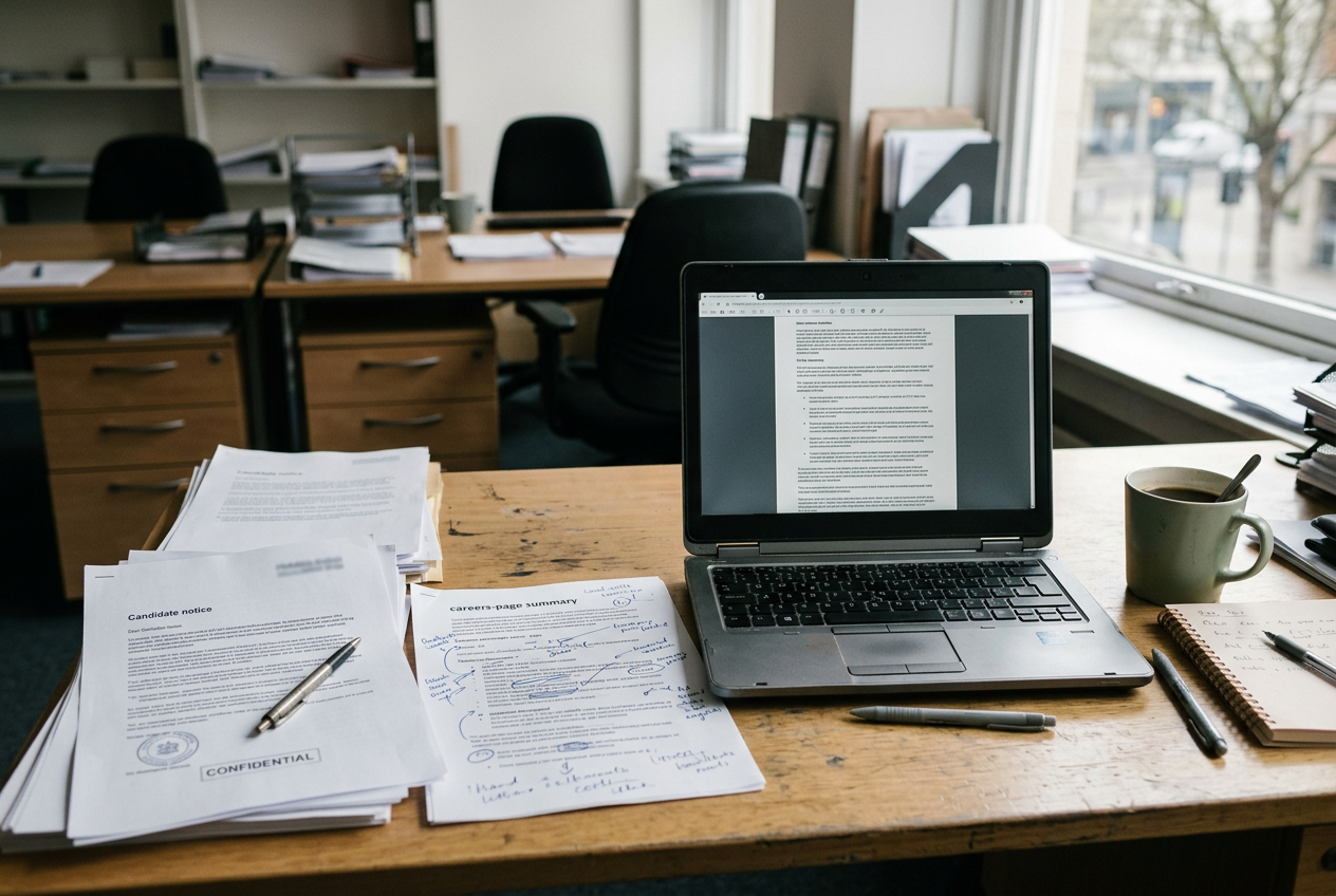A laptop displaying an AI hiring audit beside printed candidate notice and careers-page drafts.