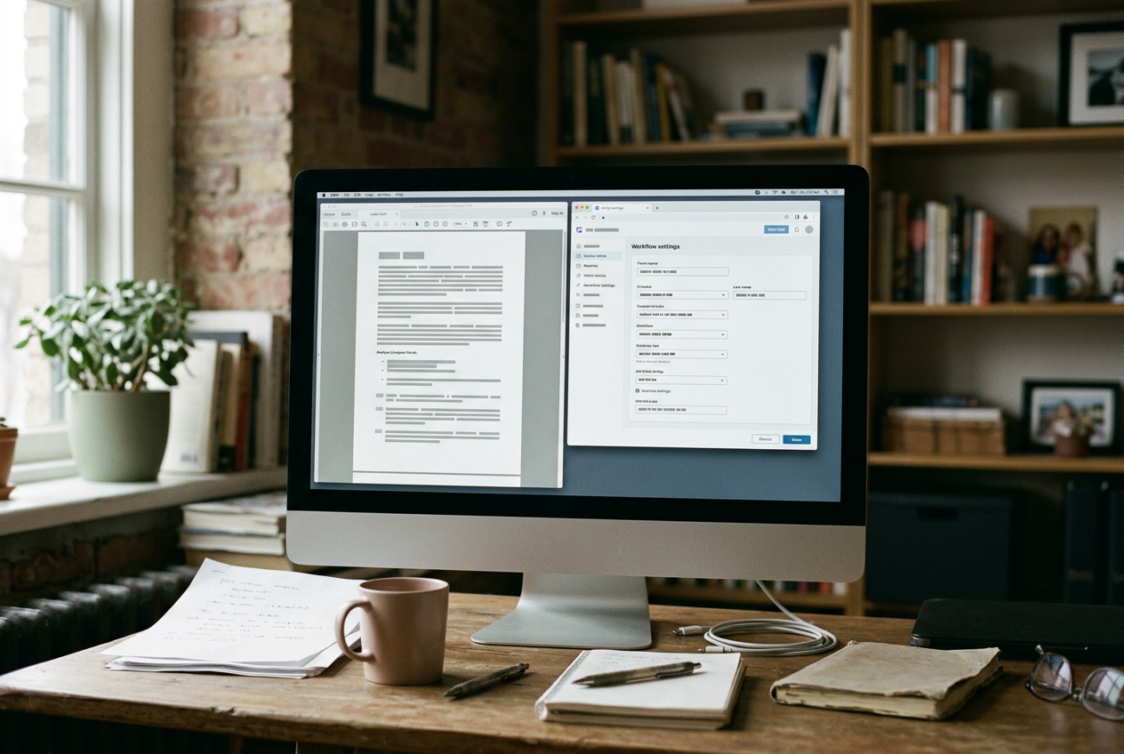 A hiring audit PDF displayed beside a customer-support requisition and candidate workflow settings.