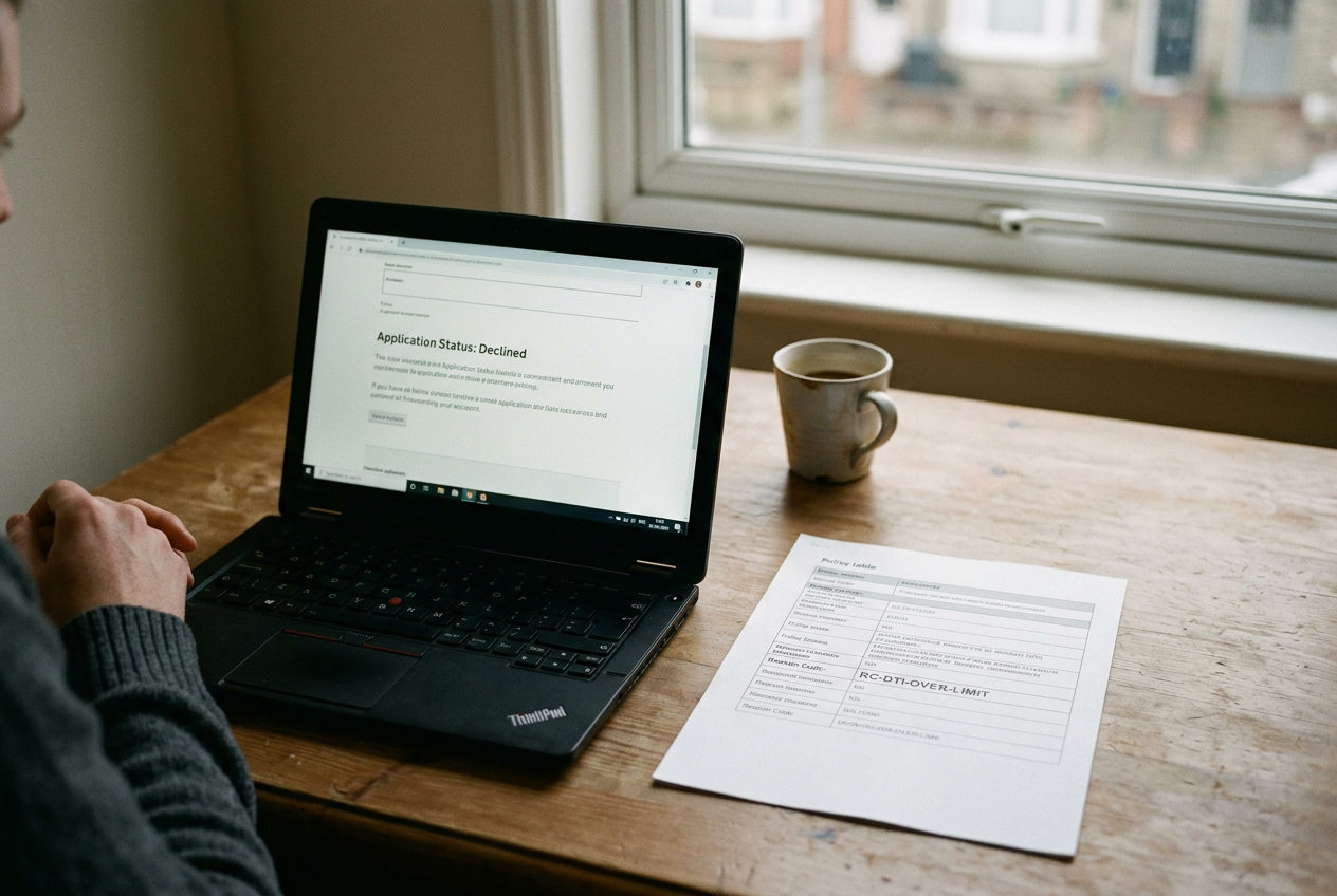 Laptop showing a declined credit application beside a policy table with the code RC-DTI-OVER-LIMIT.