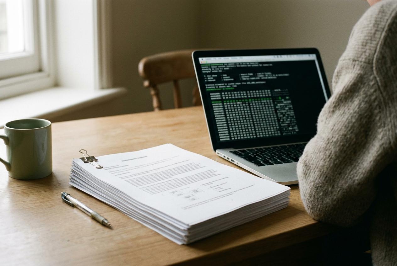 A benchmark evidence packet beside a laptop showing evaluation logs and file hashes.