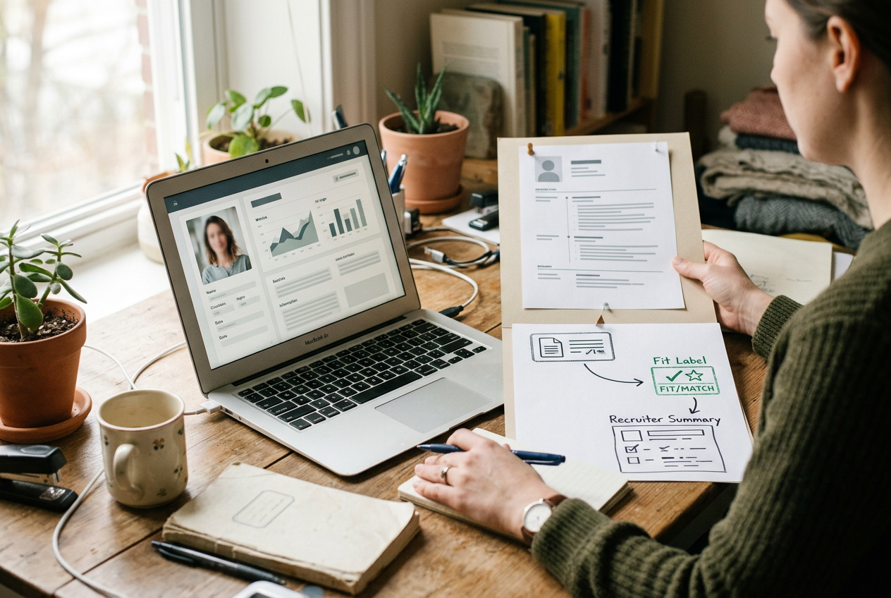 A laptop displaying an applicant record beside a printed data map linking a résumé, model output, score, and recruiter note.