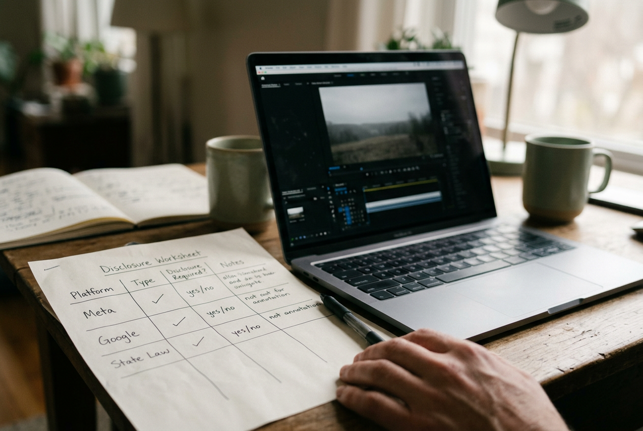 A campaign video export screen beside a worksheet tracking platform labels, state disclaimers and file versions.