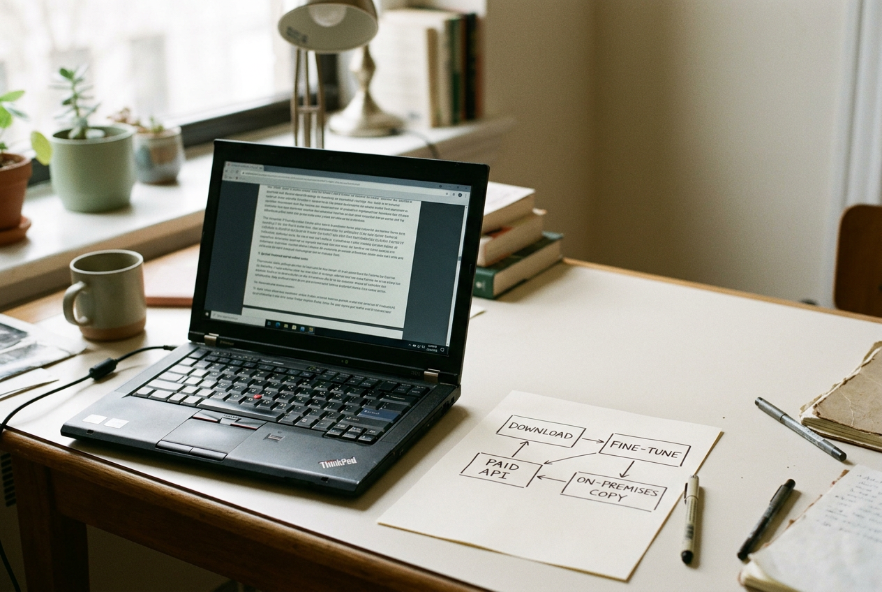 Laptop displaying model license terms beside a deployment diagram for an API and an on-premises customer copy.