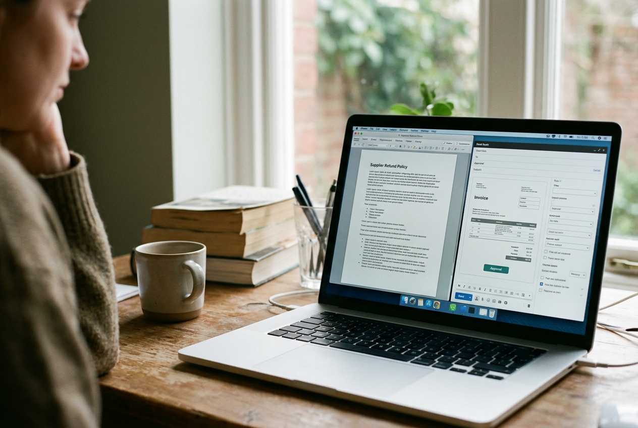 Laptop showing a supplier refund page beside an agent approval panel listing an invoice and email destination.