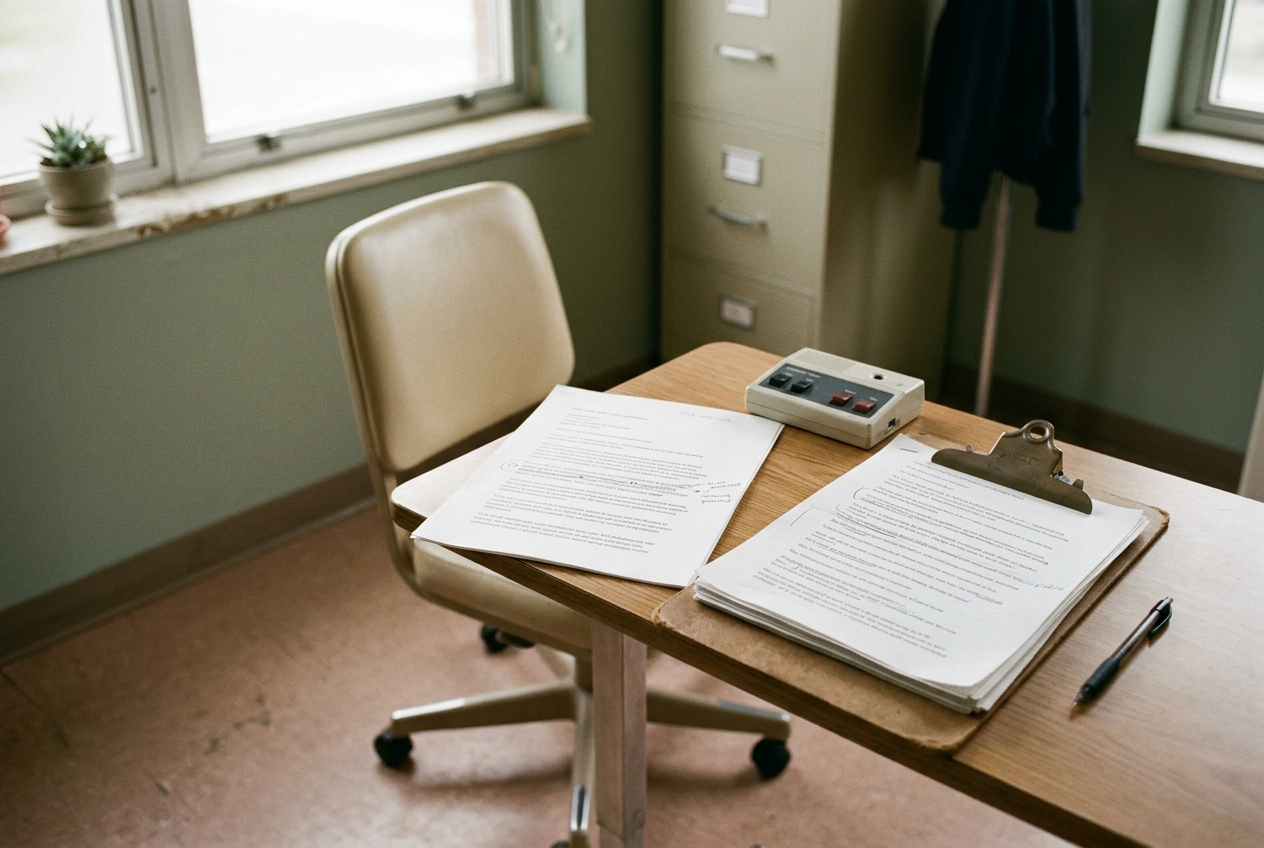 A clinician workstation showing a draft after-visit summary beside its source transcript and a review button.