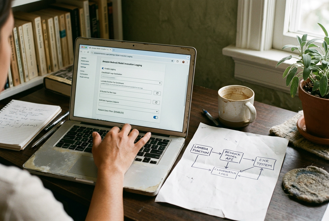 A laptop showing an AWS logging settings page beside a printed clinical workflow diagram.