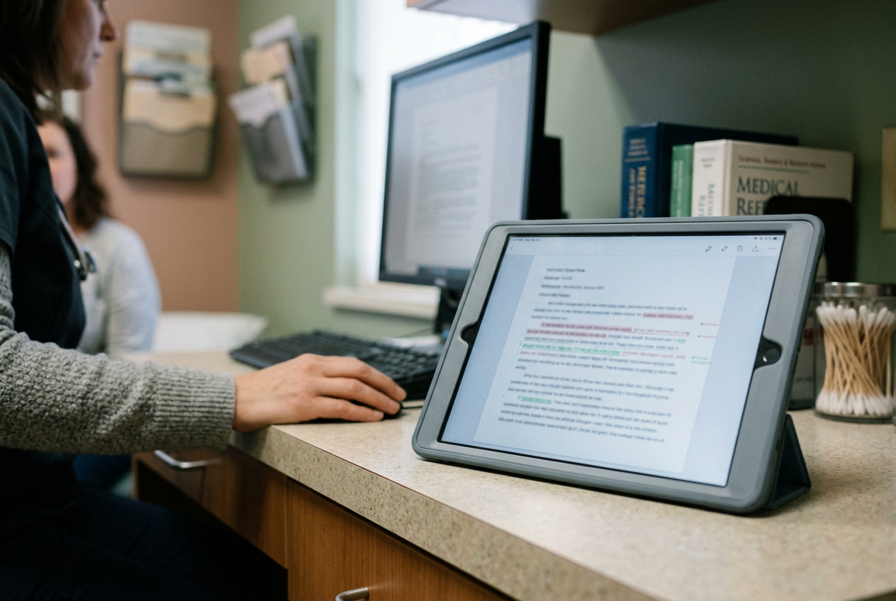 A tablet beside a clinician workstation showing an unsigned AI-generated visit note and its audit history.