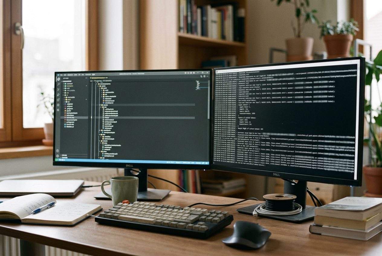 A code editor beside a terminal showing repository paths, token counts, and cached-input fields.