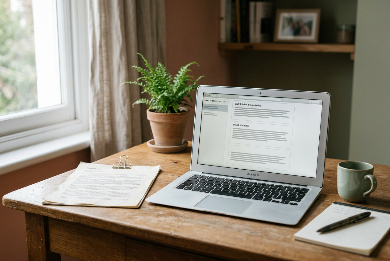 A laptop displays a support-ticket routing log beside printed billing-policy notes on a desk.