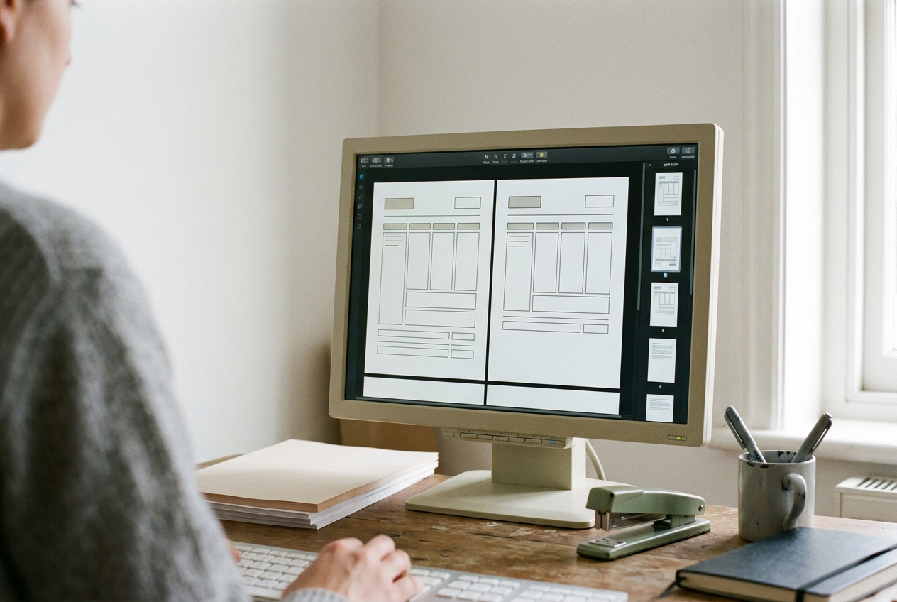 A monitor showing a PDF table beside extracted text, with a rotated scanned page visible in the document pane.