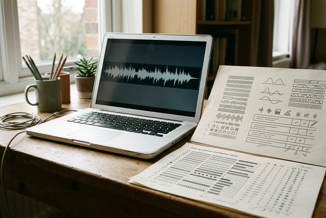 Audio editing screen showing a synthetic sponsor message beside its approval and distribution records.