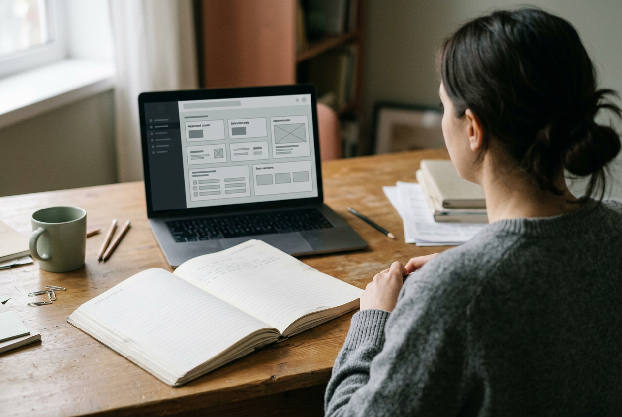 Audit workbook beside a hiring dashboard showing applicant counts, selection rates, and a tool version field.