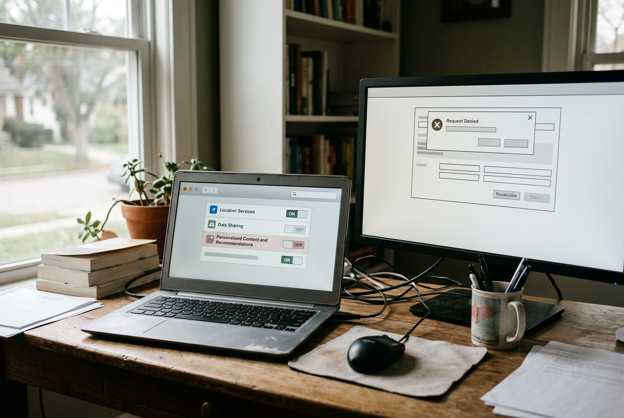 A laptop showing a personalized-offers toggle beside a screen of model request and policy-decision logs.