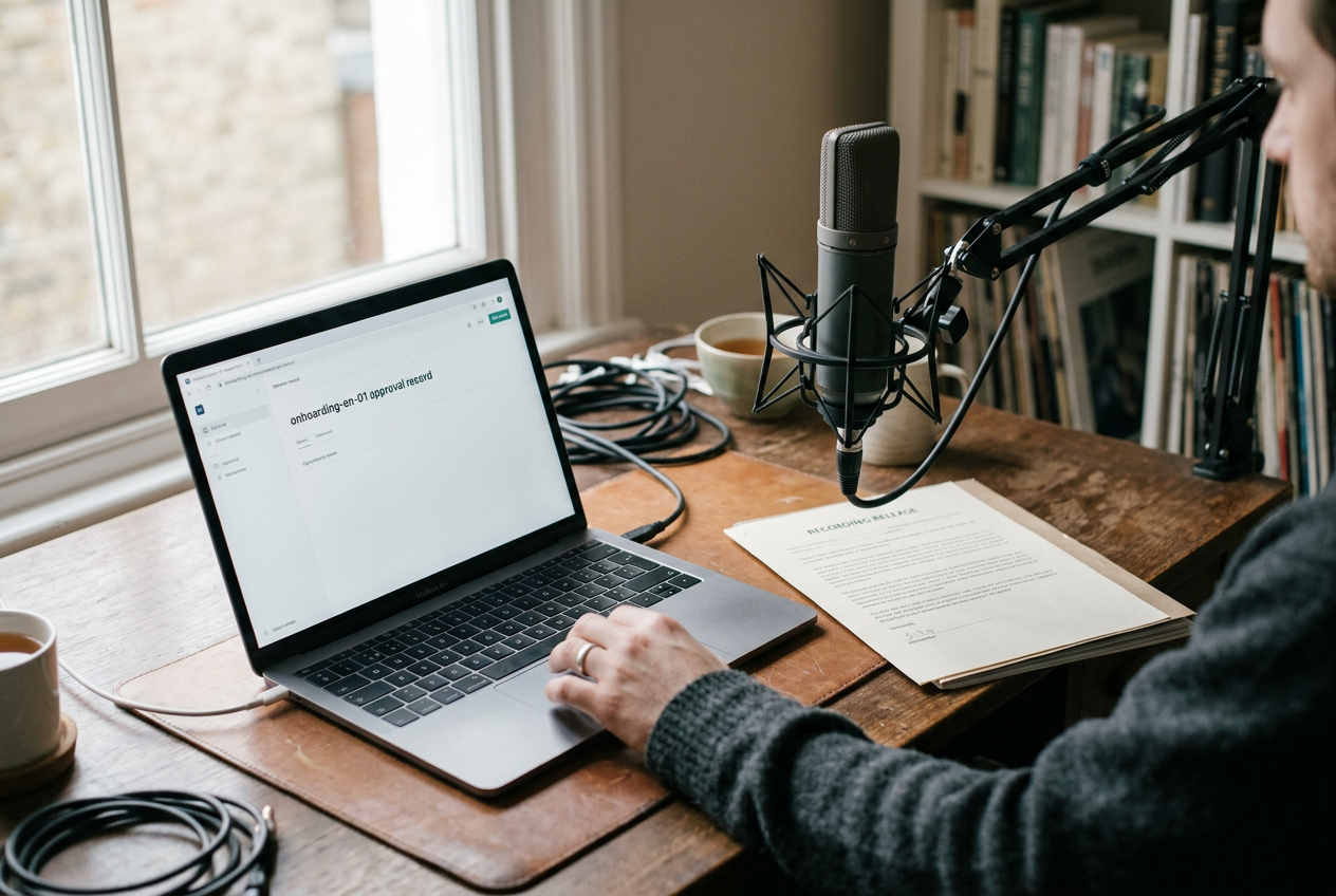 A studio microphone beside a laptop showing a synthetic voice approval record and an onboarding script.
