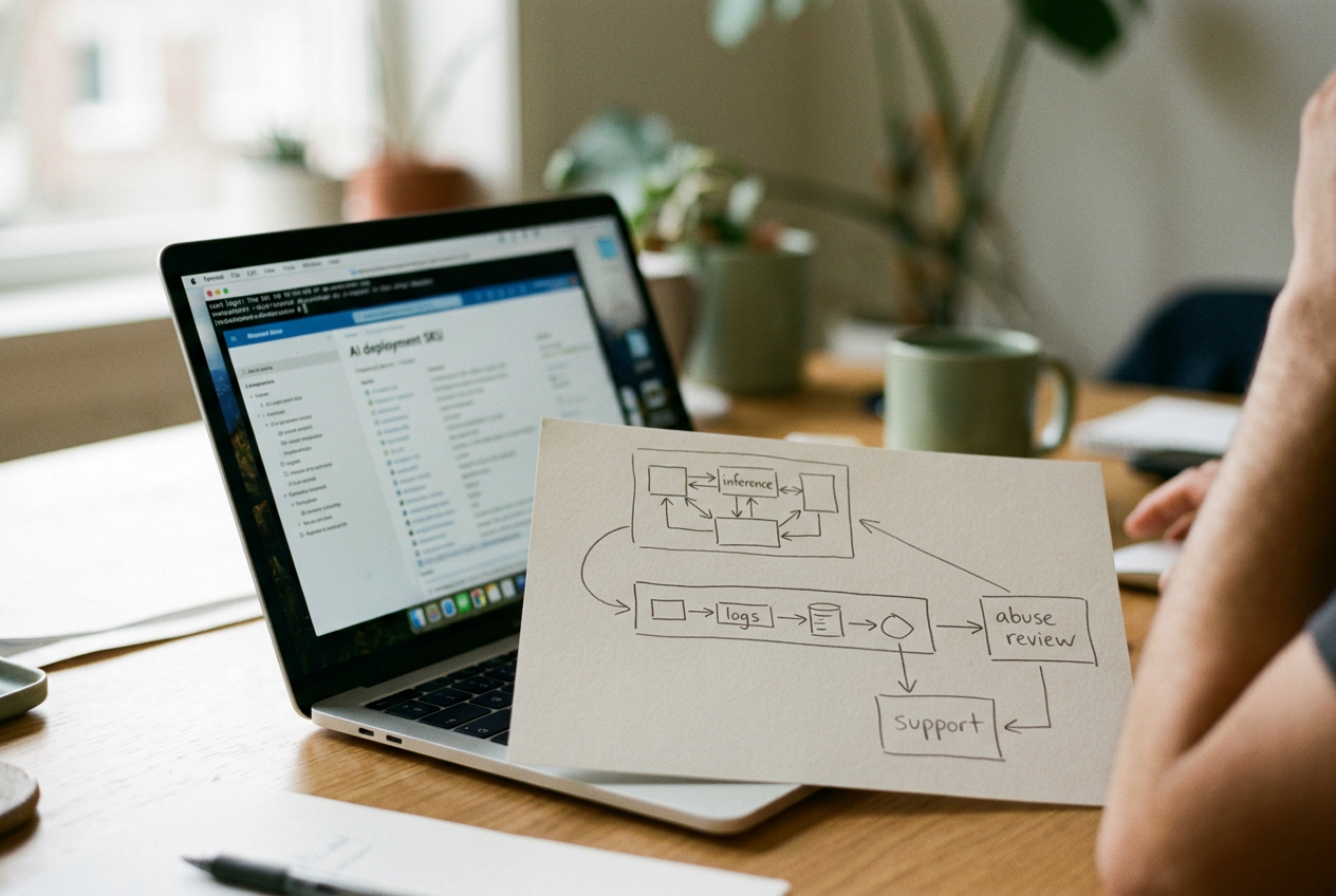 Cloud deployment settings beside a data-flow diagram separating inference, logging, review, and support access.