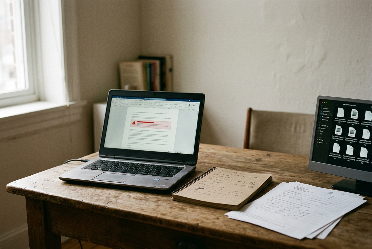 Laptop showing an AI support refusal beside a case folder containing logs, screenshots, and a file manifest.