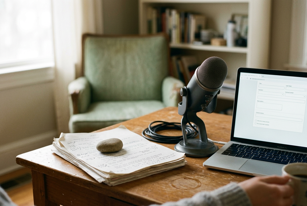 A laptop showing a voice-generation approval form beside a microphone and printed customer-service script.
