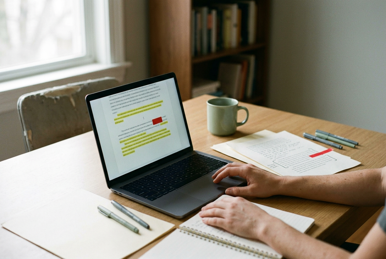 Laptop showing a vendor research brief beside source excerpts and a flagged instruction from a web page.