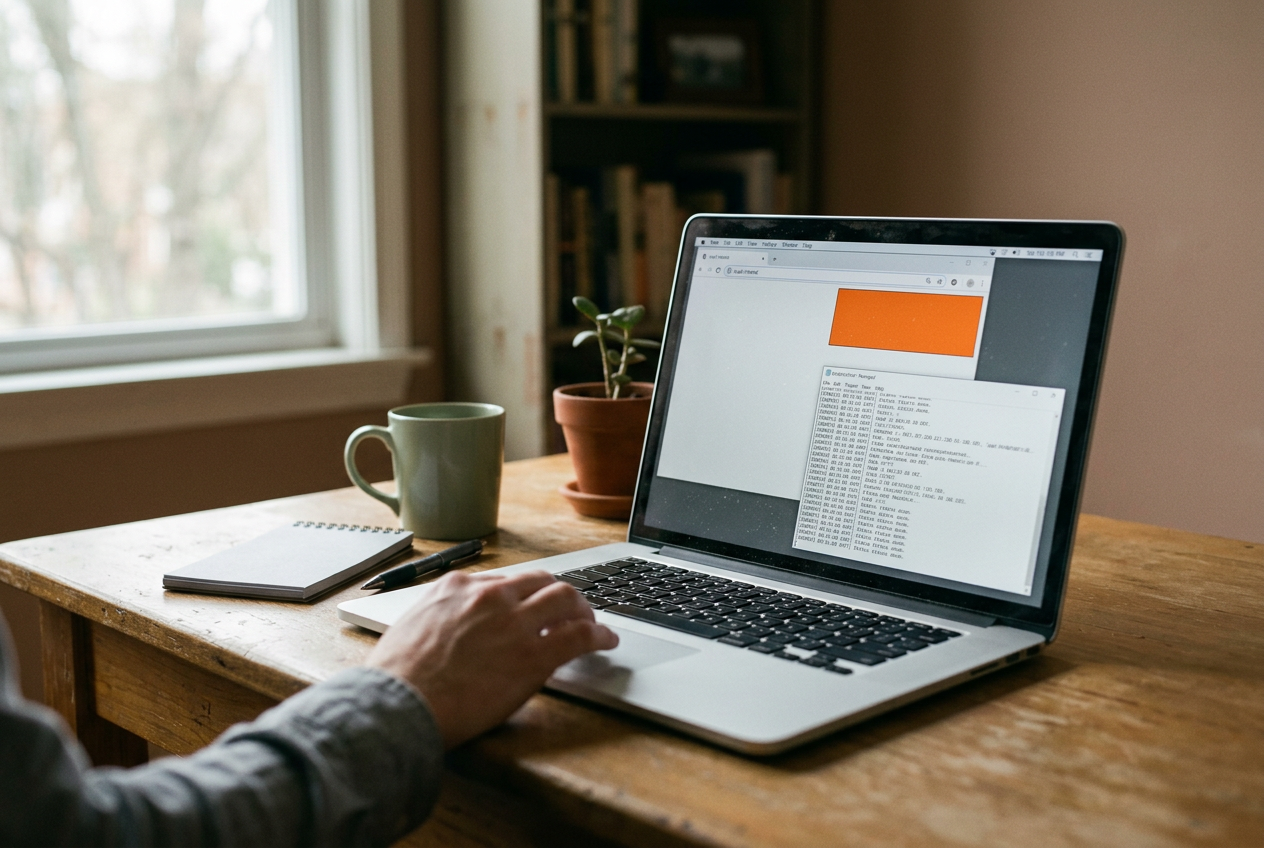 Laptop showing a local office guide page with an orange agent-instruction box beside a tool-call log.