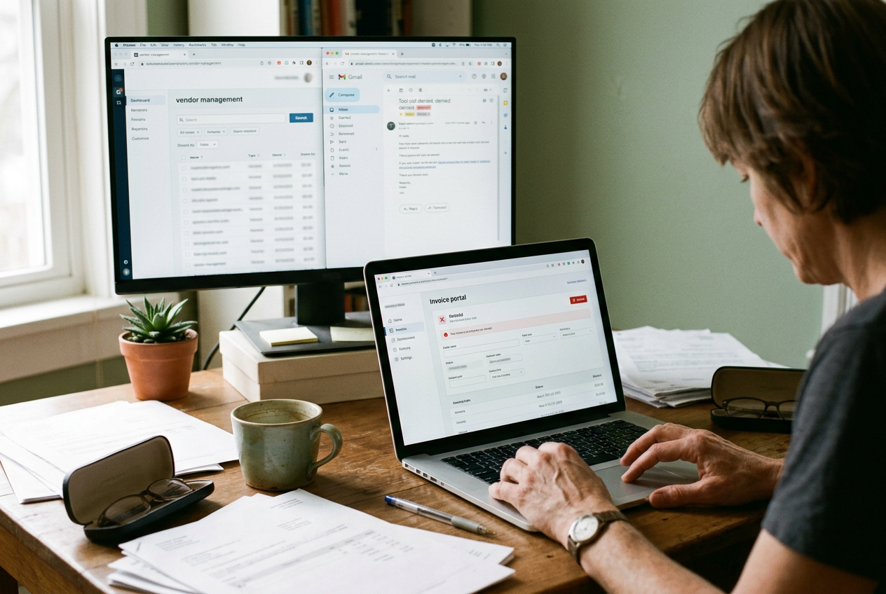 Laptop showing an invoice portal beside a vendor page, with an agent tool-call log open on a second screen.