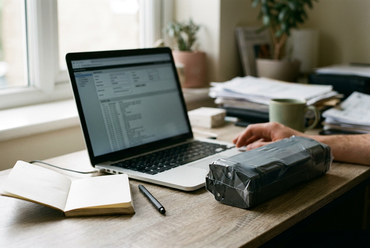 A laptop displaying a submitted toner order beside a log entry marked webhook timeout.