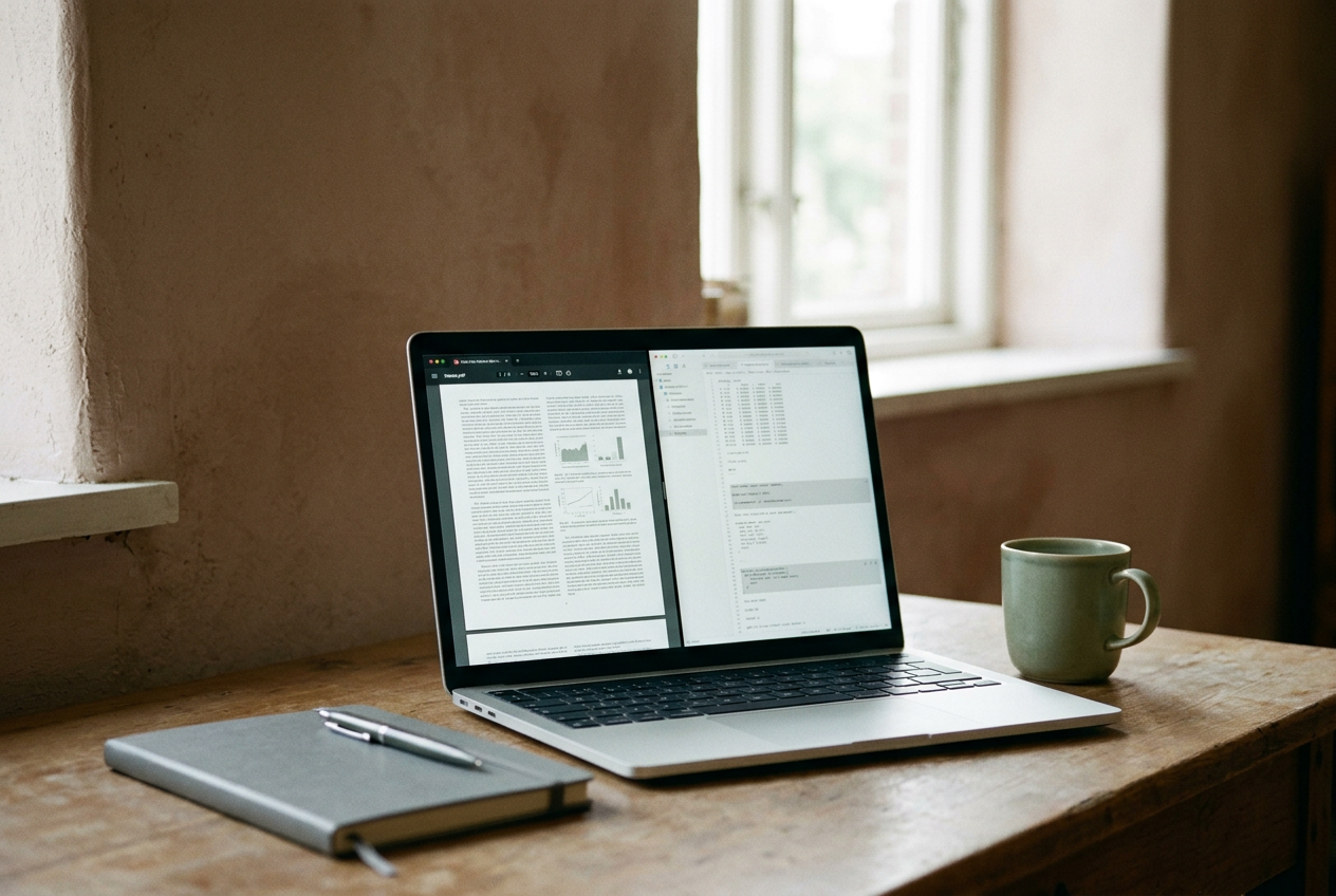 A laptop displaying a four-page PDF beside extracted text, with a chart and footnotes visible on screen.