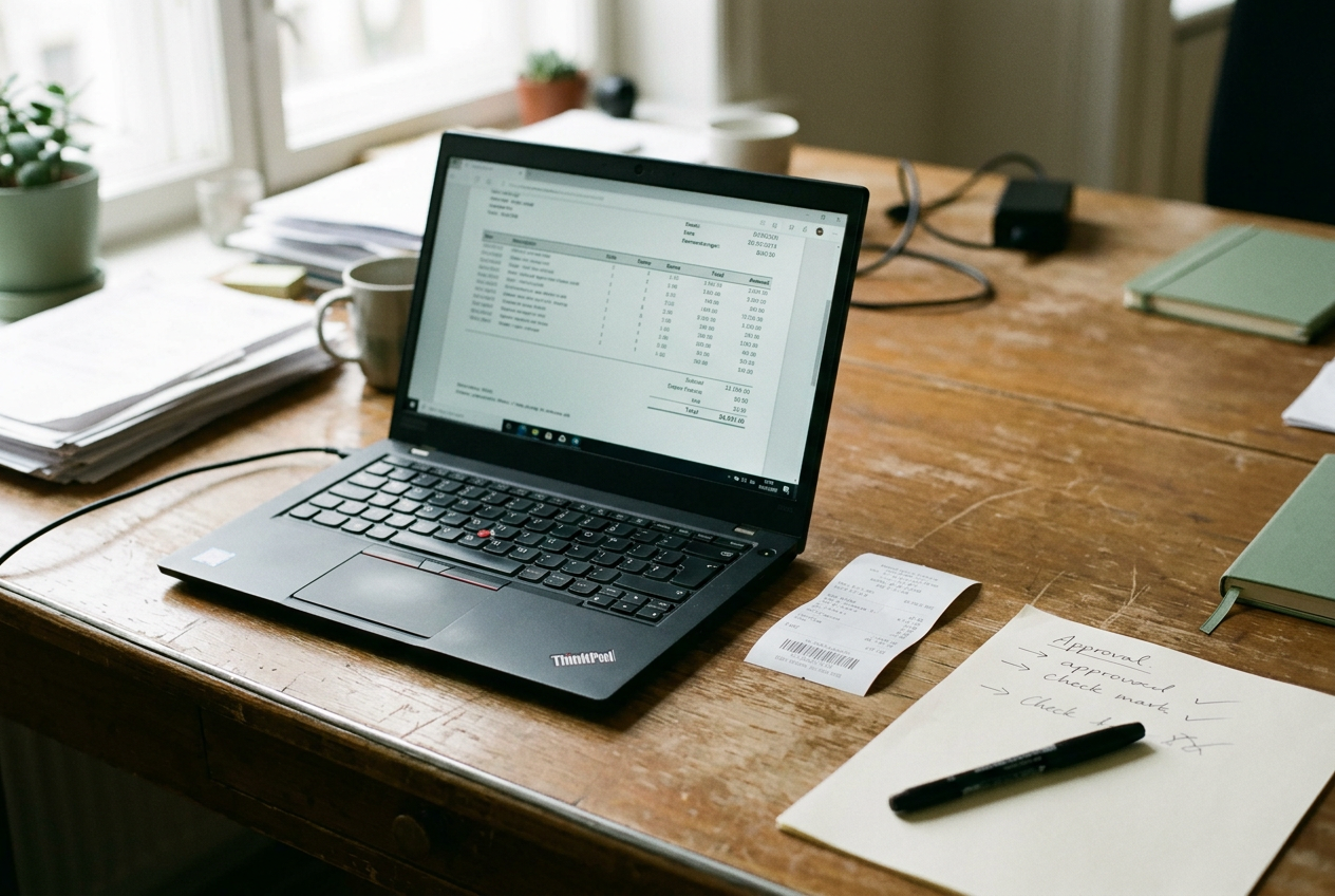 A laptop displaying an invoice beside OCR text, a dense rate sheet and a handwritten approval note.