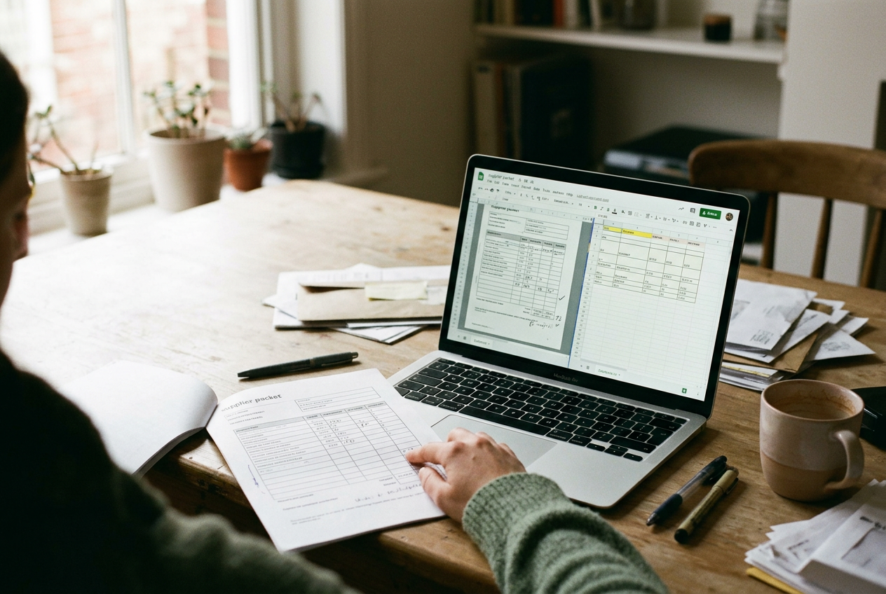A laptop displaying a supplier PDF beside extracted table cells and a rotated scanned page.