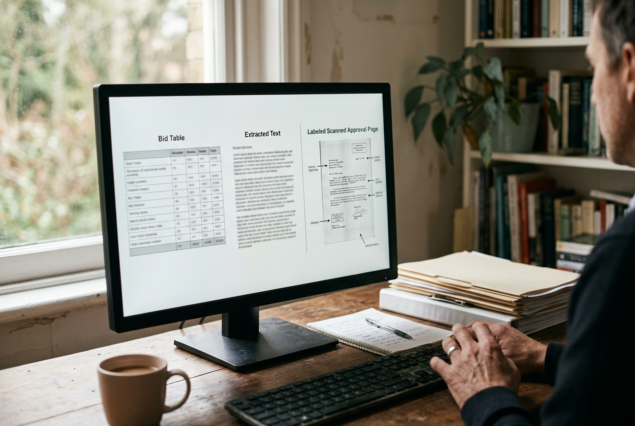 A procurement PDF open beside extracted text and labeled page images on a desktop monitor.