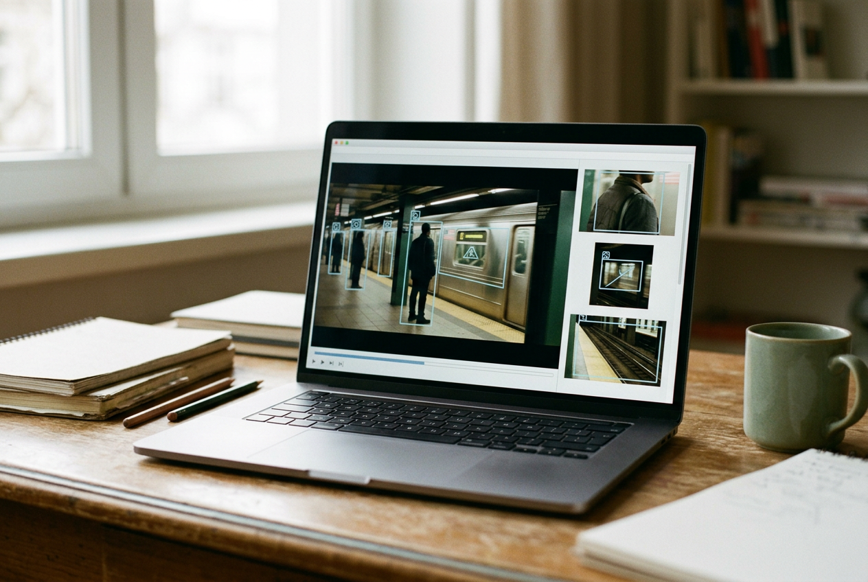 A laptop shows an AI disclosure beside a subway video while downloaded and cropped copies sit in adjacent windows.