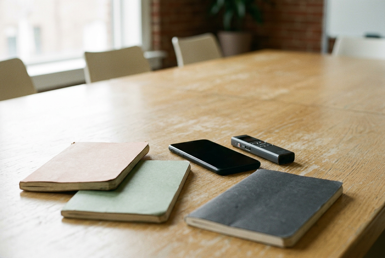 A phone and slim meeting recorder placed at the center of a table beside three notebooks.