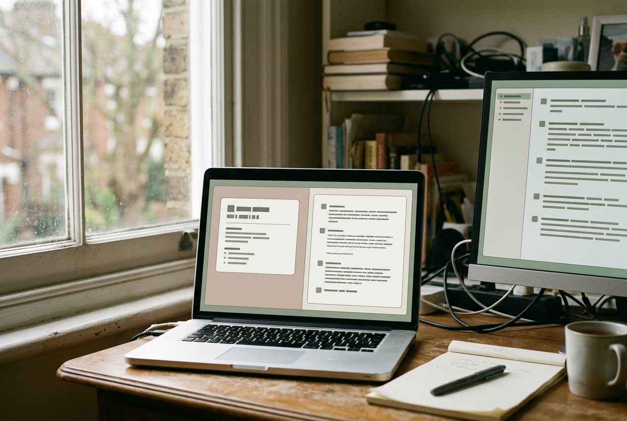 A laptop displaying a performance summary beside an open meeting transcript and employee review notes.