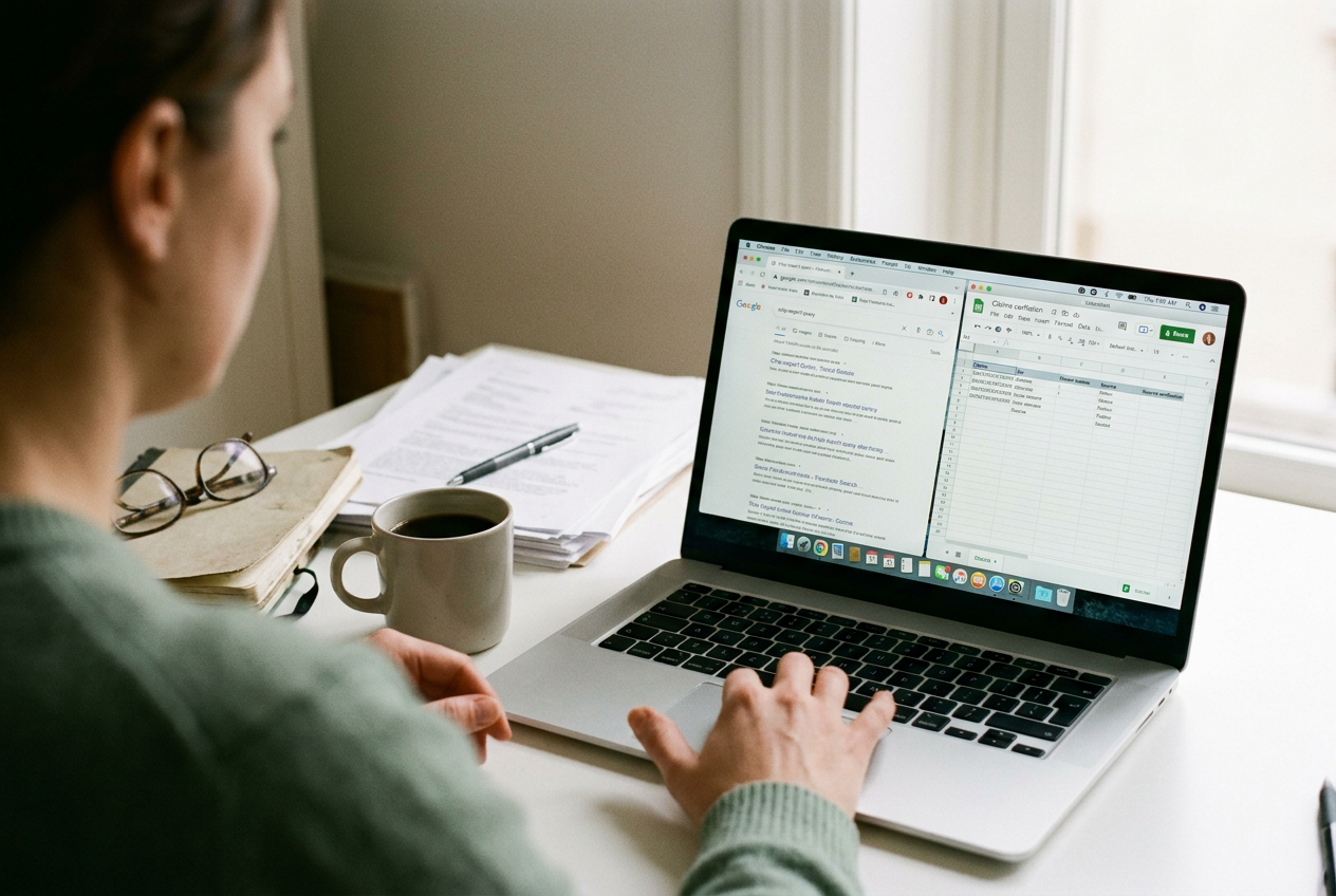 Laptop displaying an AI answer beside a spreadsheet that scores its cited web pages.