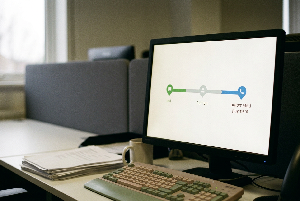 A contact-center screen showing one call timeline with automated and human transfer markers.