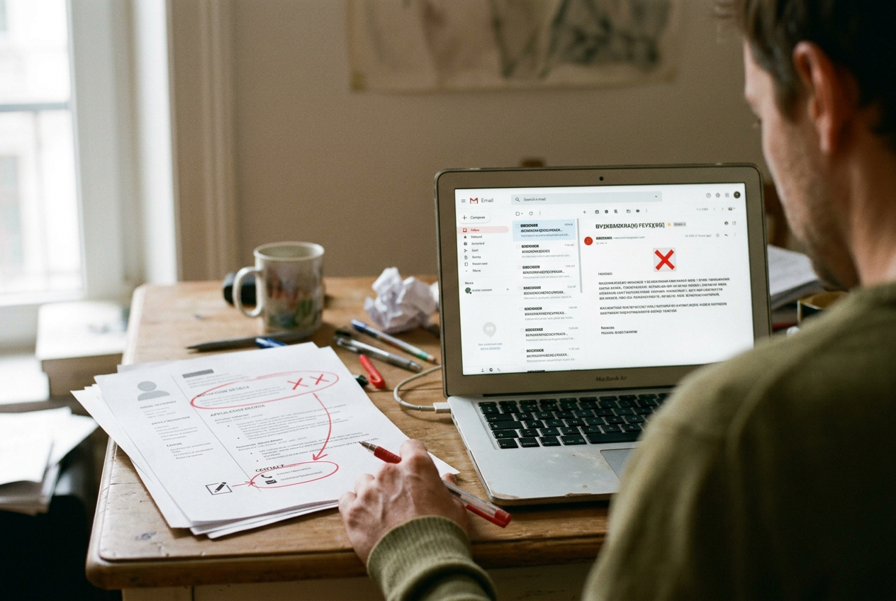 A rejection email beside an applicant tracking system record showing an automated screening stage and review link.