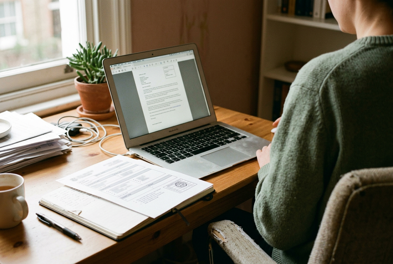 A laptop displaying a credit denial notice beside printed underwriting records and a consumer credit report.