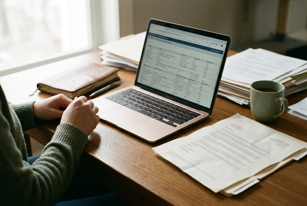 A lending decision screen beside a printed denial letter with one reason highlighted for review.