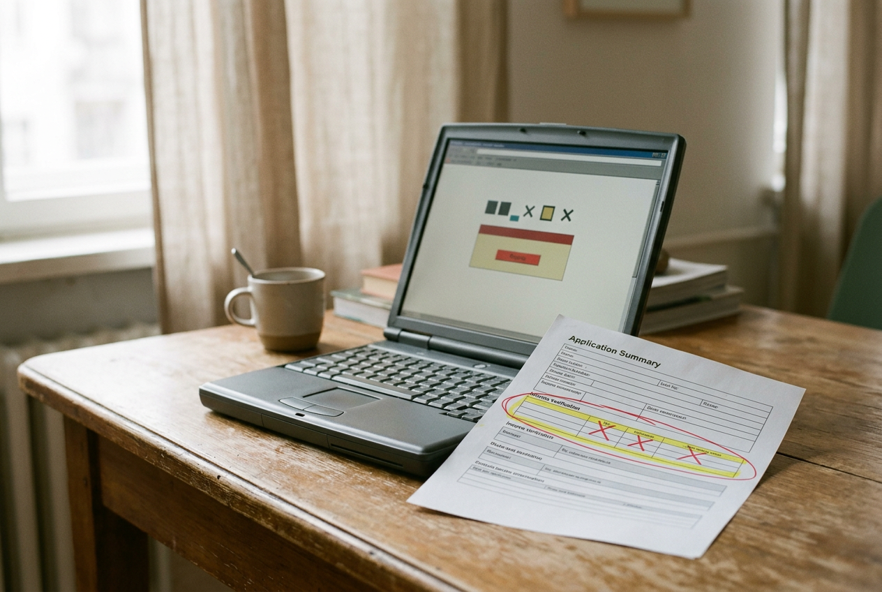Laptop showing a loan denial notice beside an application summary with an income-verification field highlighted.