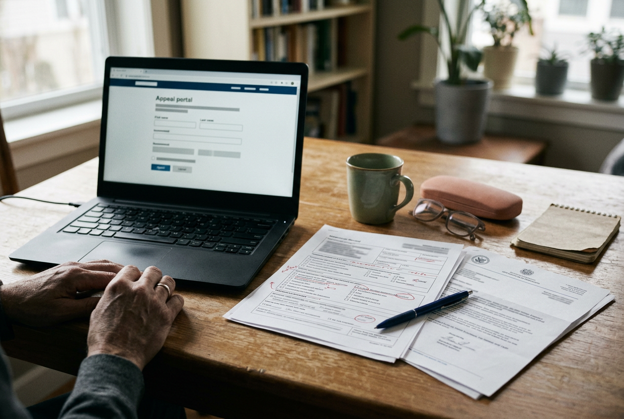 A benefits denial letter beside clinical records and a laptop displaying an appeal portal.