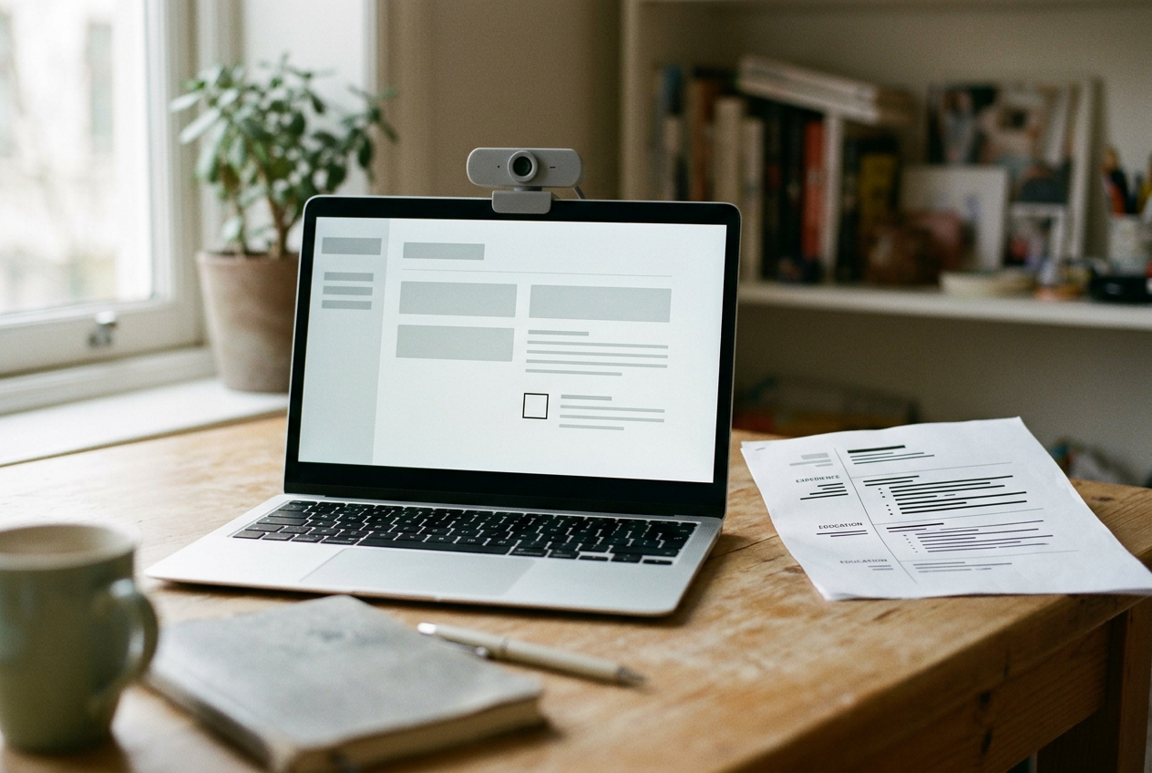 A laptop showing an AI interview consent screen beside a printed résumé and webcam.