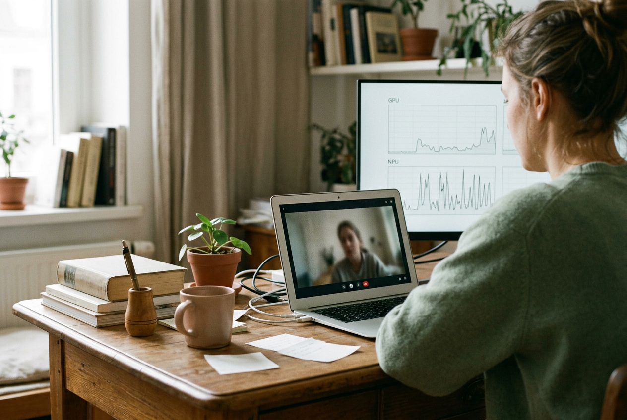 Laptop beside a monitor showing Windows Task Manager graphs for NPU, GPU, memory and network activity.