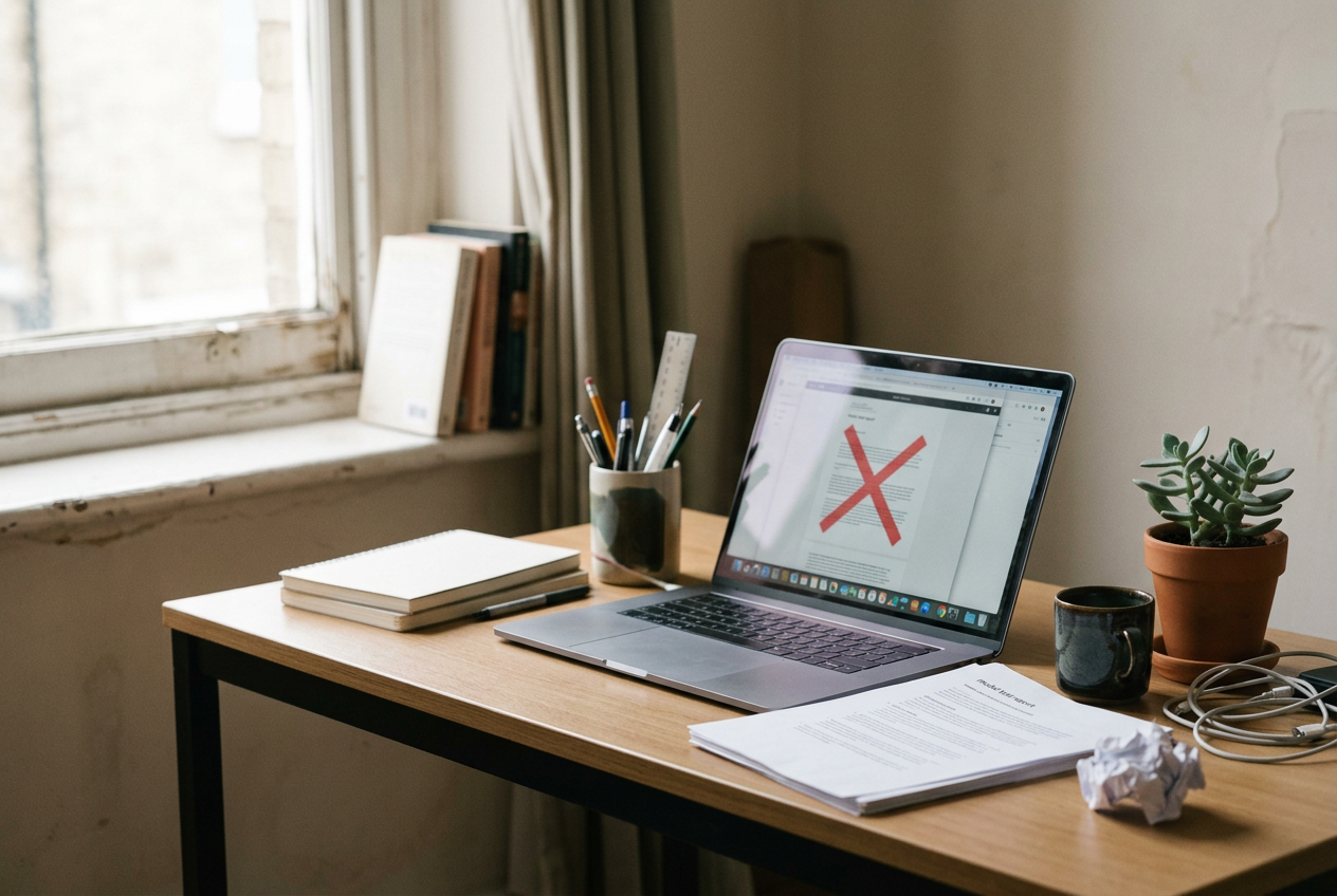 Laptop displaying an AI release approval record beside a printed evaluation report and handwritten review notes.