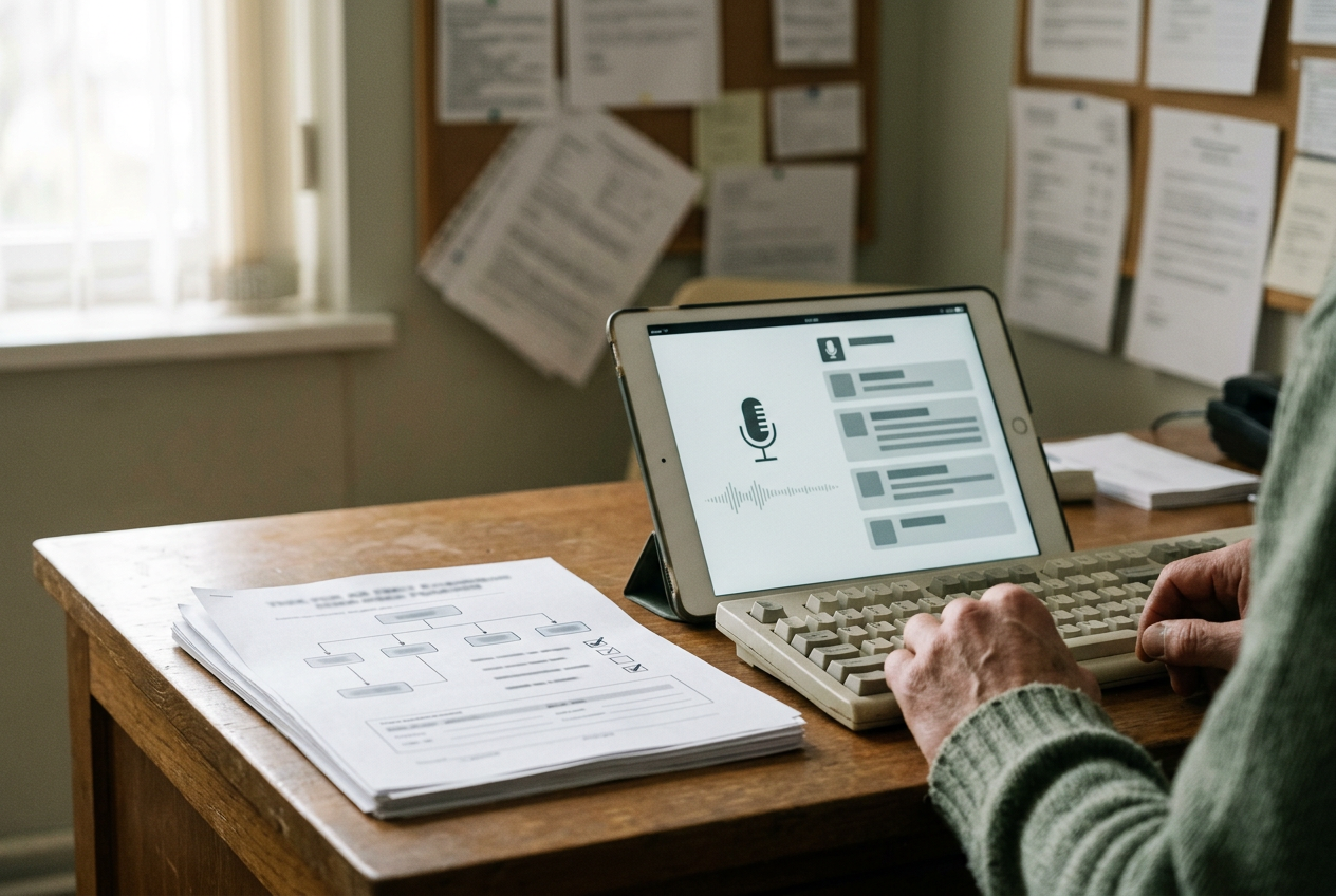 A tablet beside an exam-room keyboard displaying an AI scribe recording screen and a vendor data-flow document.