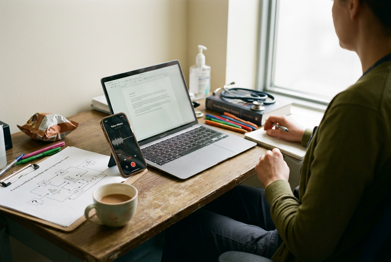 A phone recording screen beside a laptop showing a clinical note and a printed vendor data-flow table.