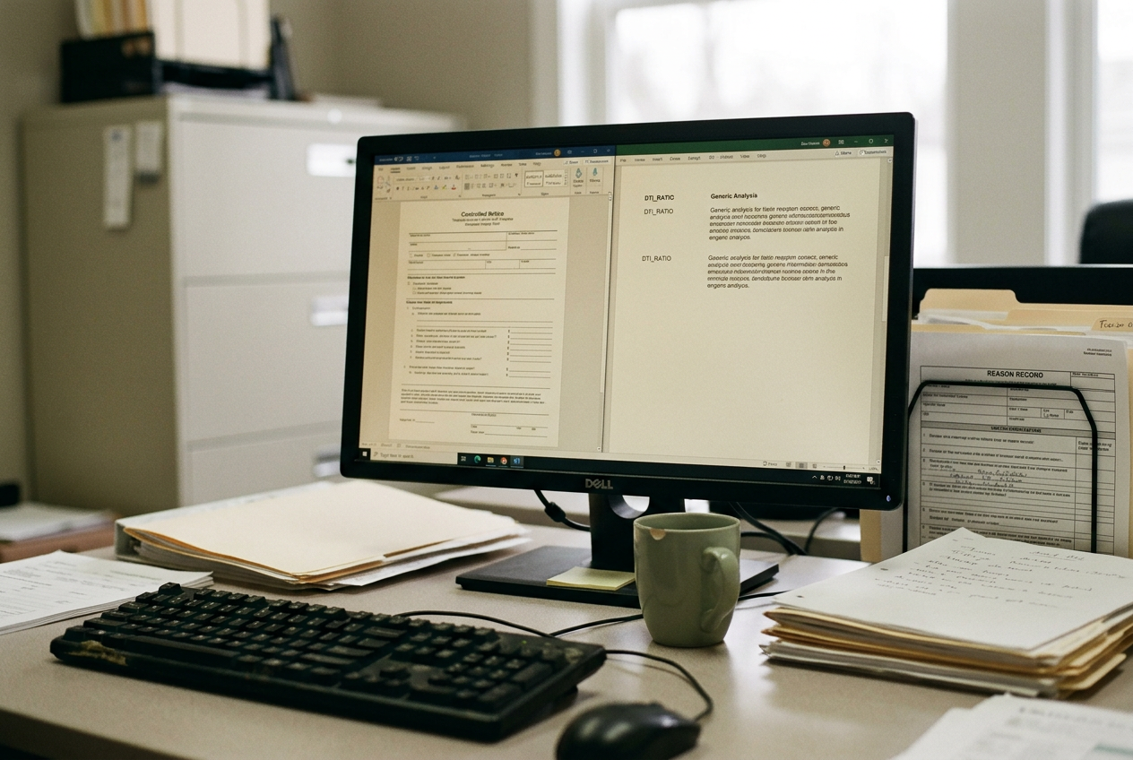 A loan review screen showing a DTI_RATIO decision code beside a controlled adverse-action notice template.