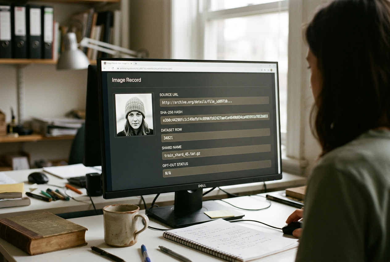 A monitor showing an image asset record with source URL, file hash, dataset row and deletion status.