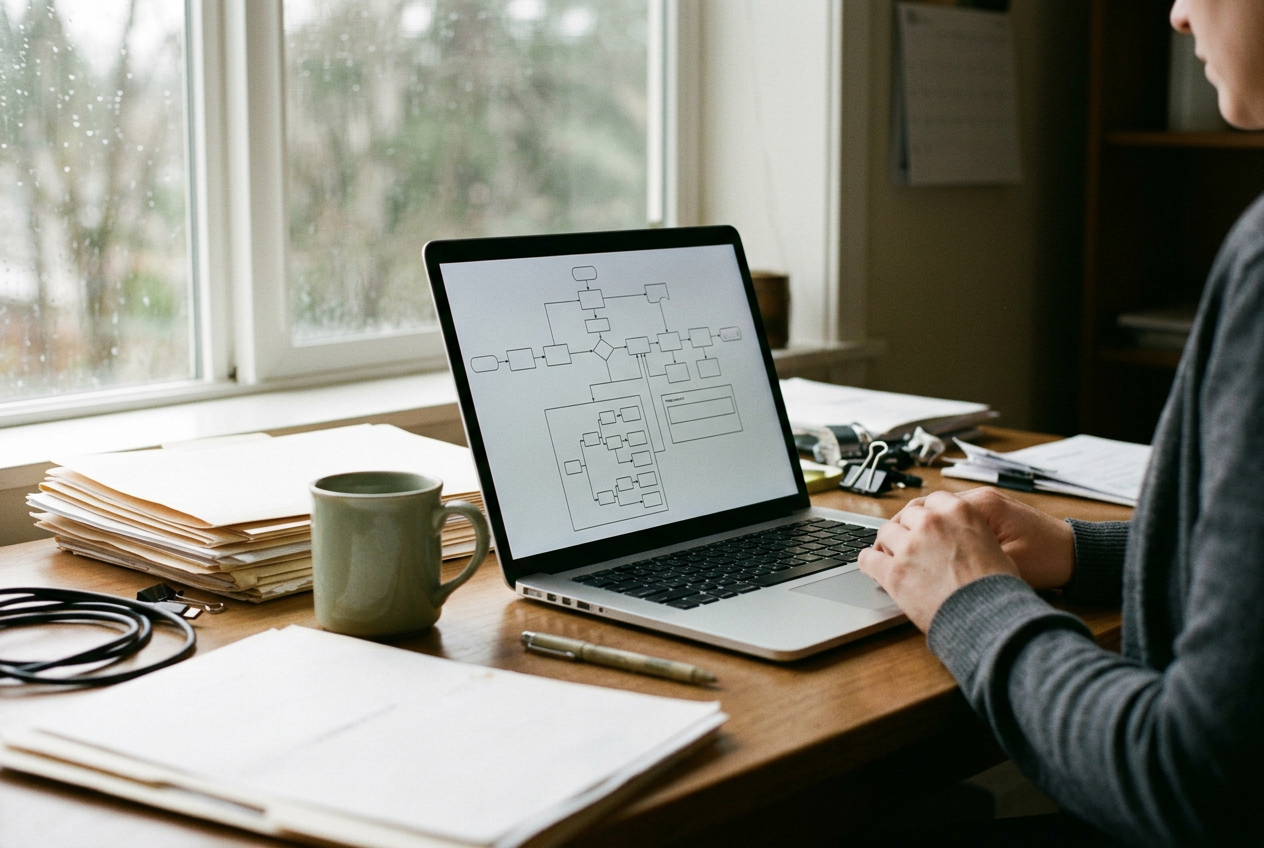 A credit decision flowchart beside a laptop showing a review queue and adverse-action notice fields.