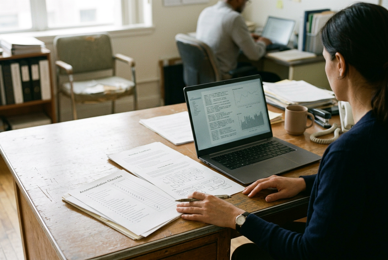 Hiring manager’s desk with an assessment workflow, vendor contract and candidate notice open beside a laptop.