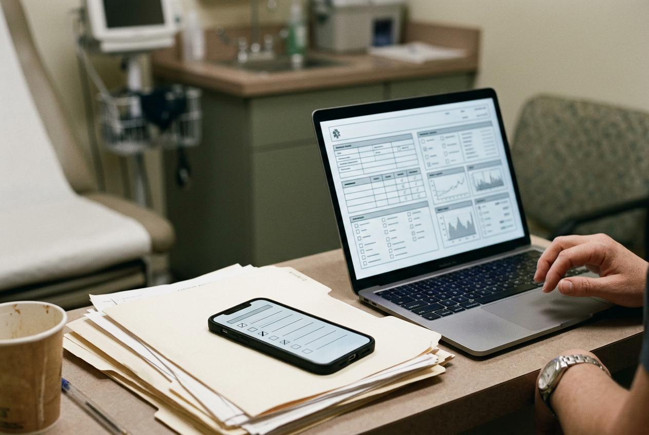 A clinic-owned phone beside a laptop showing an AI scribe retention and access review checklist.