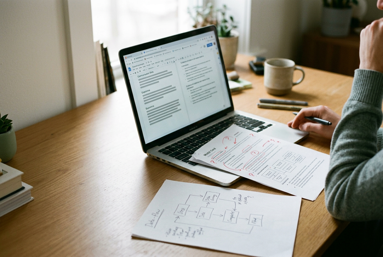 A laptop displaying an AI claim-evidence review ticket beside printed model and privacy documentation.